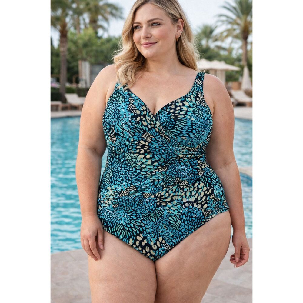 Maxine of Hollywood 24W One Piece Swimsuit MW8XH205 Teal Faux Wrap Tummy Control